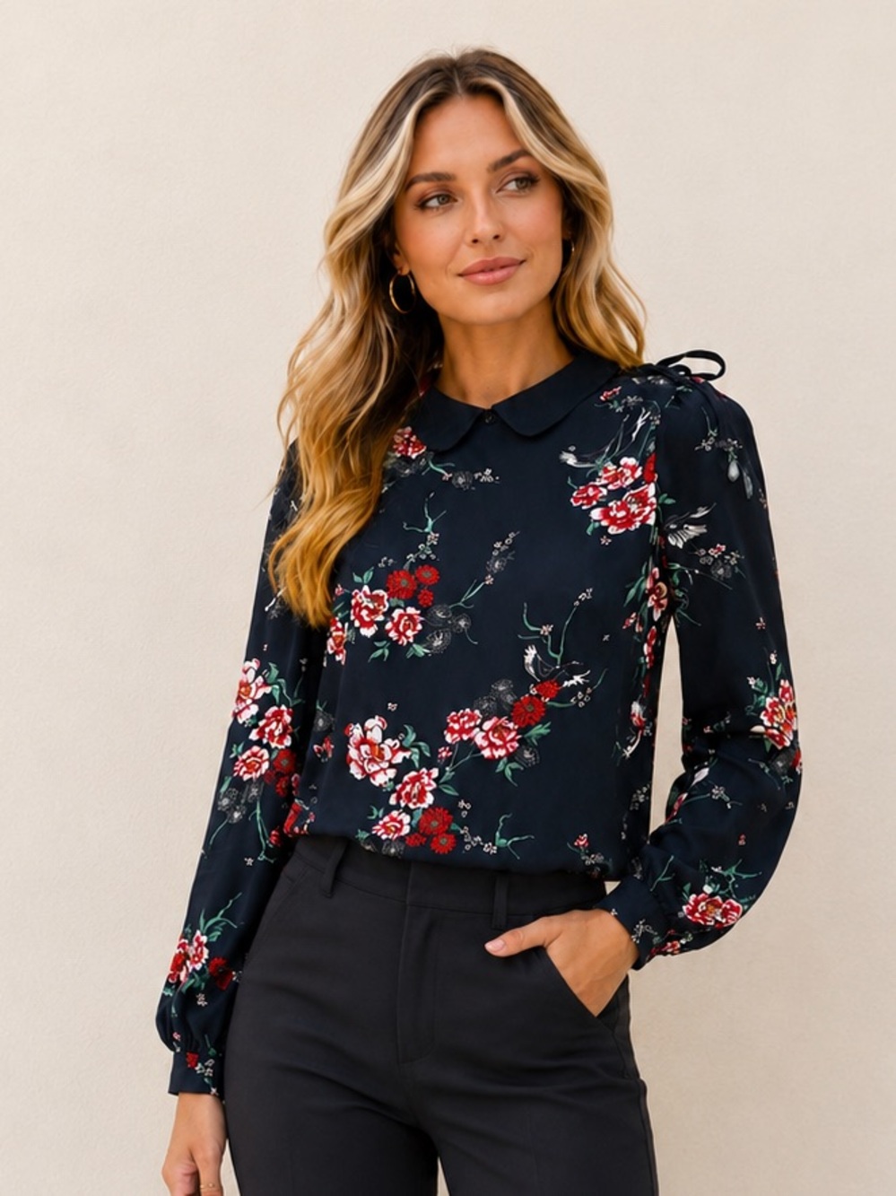 H&M black Floral Peter Pan Collar Blouse | Romantic Whimsygoth Long Sleeve Top